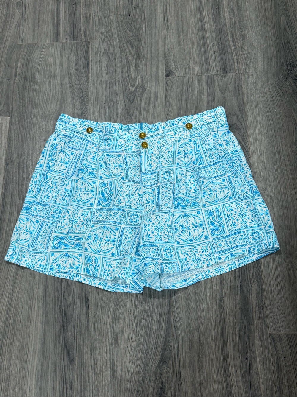 Women's Light Blue Tile-Print High-Waist Bermuda Shorts